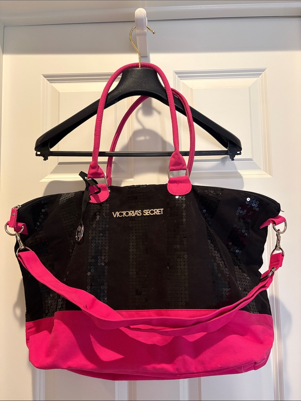 Victoria's Secret Black & Hot Pink Sequin Weekend Tote